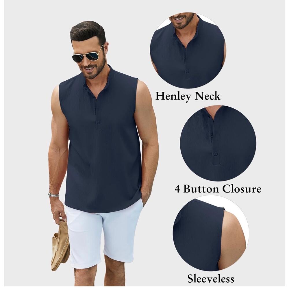 Hawalili Mens Sleeveless Henley Neck Beach Shirt Sky Blue Size XL - Picture 4 of 7